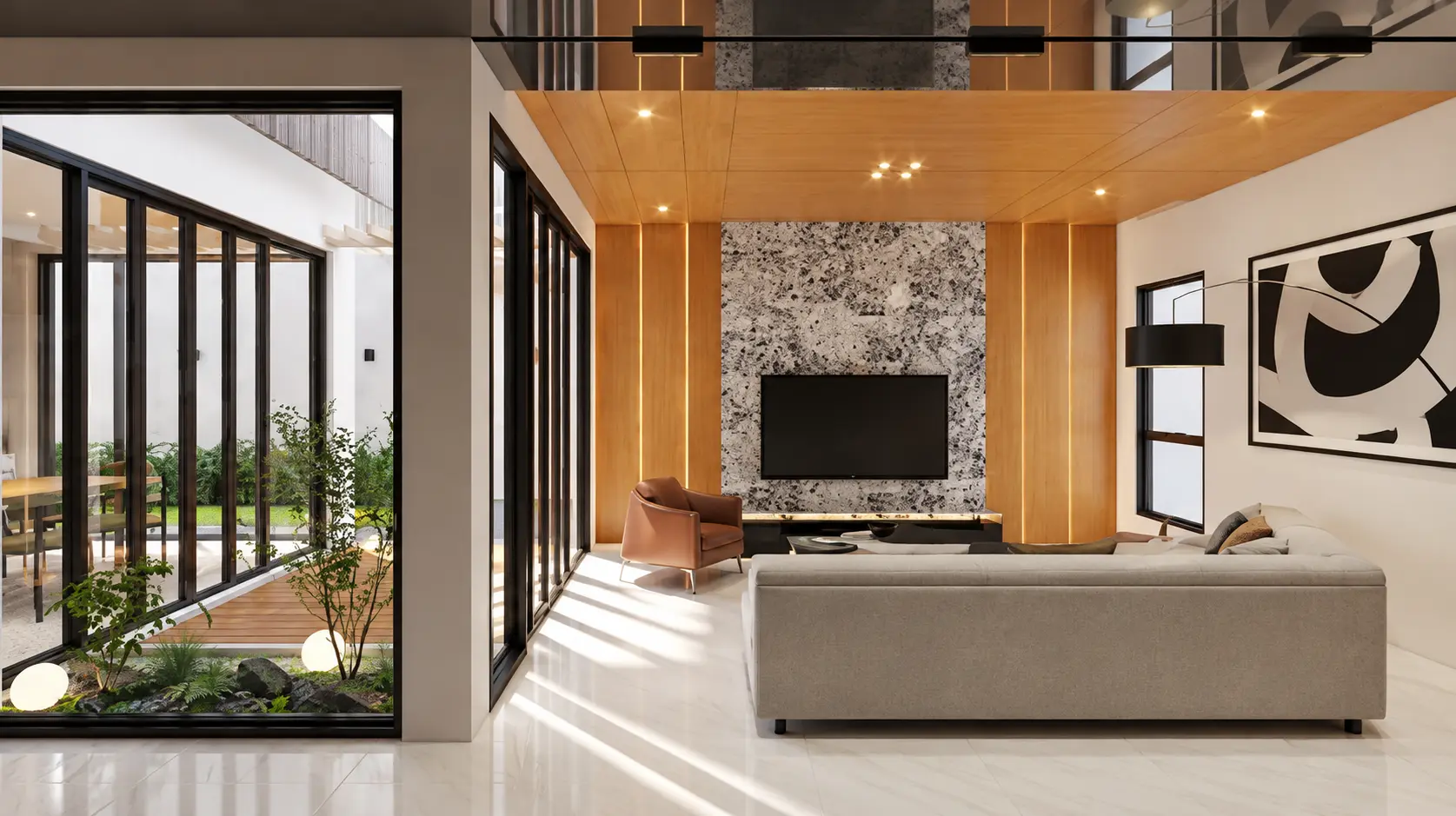 Modern Living Room with Courtyard Garden