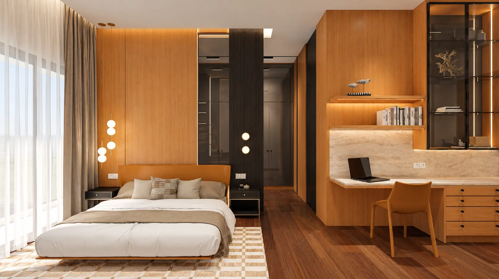 Warm Minimalist Bedroom and Workspace
